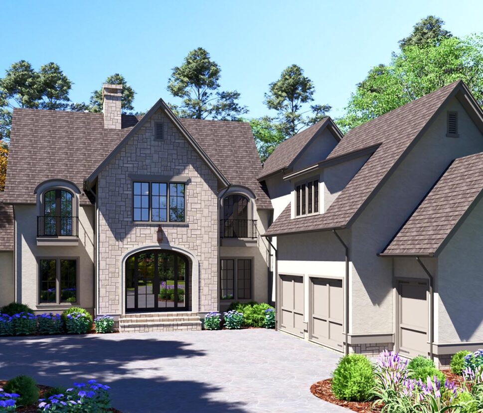 A rustic, two-story stone house with large windows, surrounded by lush greenery and colorful flowers, under a clear blue sky.
