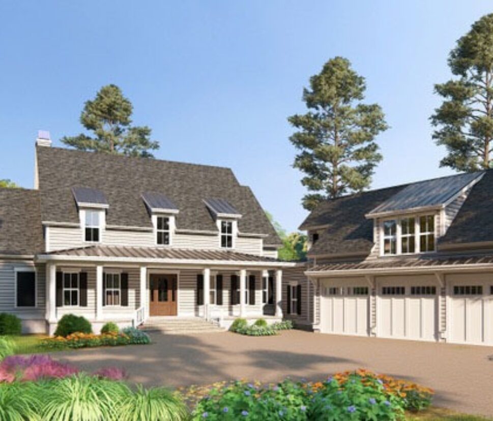 A charming two-story house with a wraparound porch, adjacent garage, and surrounded by lush greenery, set against a backdrop of tall pine trees, under a clear blue sky.